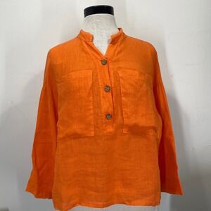 Venti6 Women Orange Linen Long Sleeve Button Tunic Blouse Top Oversized Medium